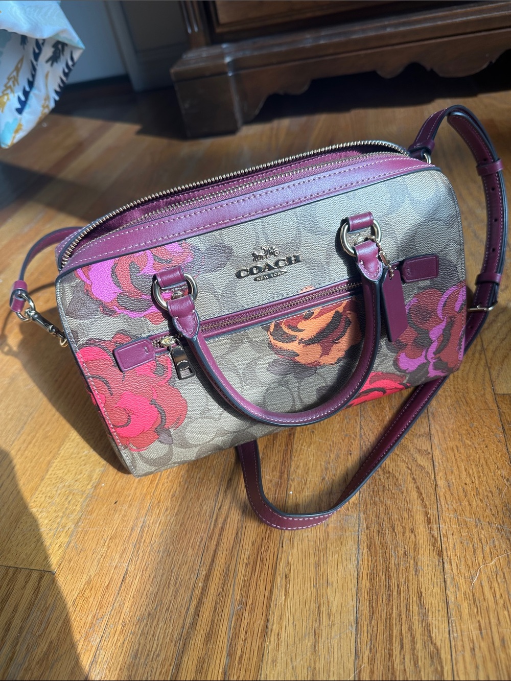 Coach Floral Signature Satchel in Burgundy, Pink & Orange
